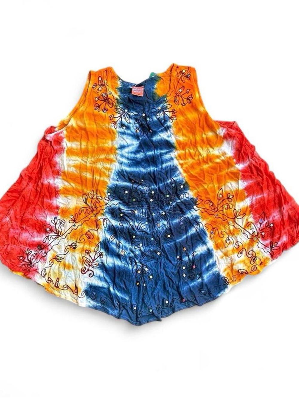 California Woman Embroidered Tie-Dye Tank Top In Blue with Orange & Yellow